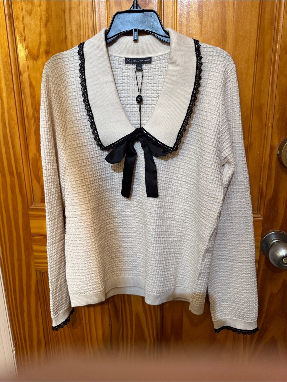 Adrienne Vittadini Cream Sweater with Black Trim and Bow Collar
